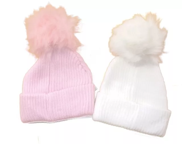 Cute Newborn Baby Hats Baby Girl Boy Pink White Faux Fur Warm Bobble Pompom Hat
