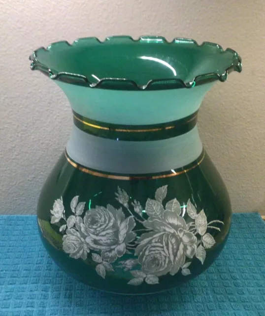 Vintage Green Teal  White Roses floral hurricane Glass shade 11" Tall 3 3/8 fit