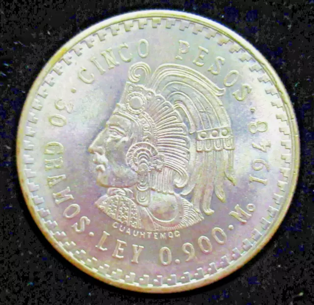 BU 1948 Mo Mexico 5 Pesos Silver Cuauhtemoc  COLOR!