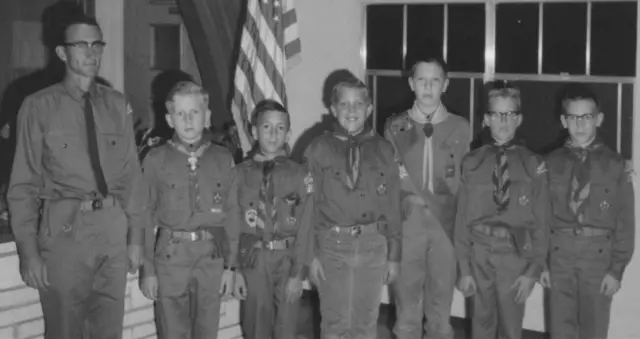 5D Photograph Group Portrait Cub Scouts Leader Kids Boys Man Flag 1950's