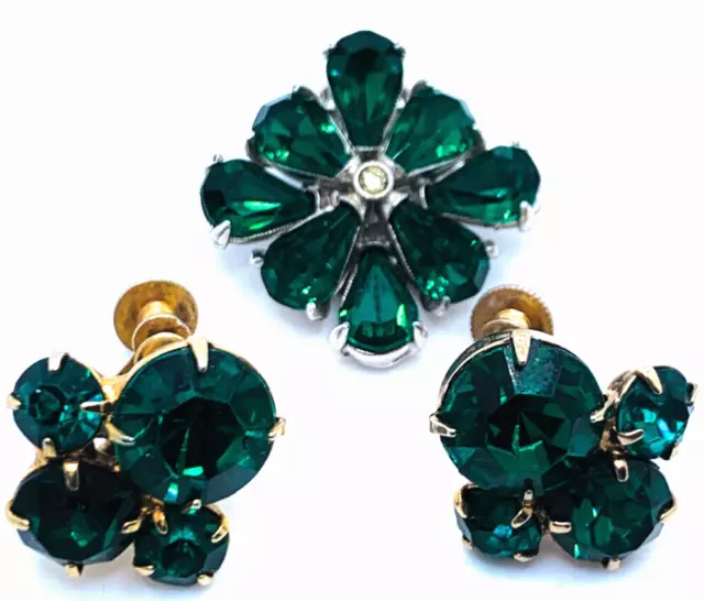 Vtg Signed CORO Screw Back Emerald Green Rhinestone Earrings + Single Hollycraft