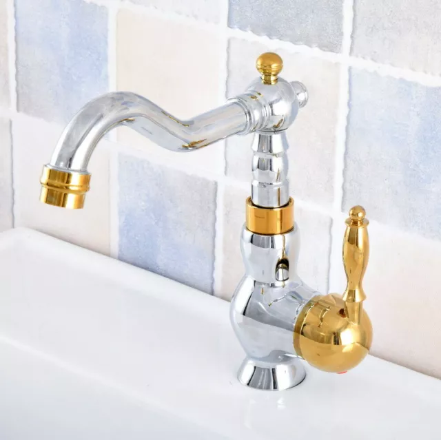 Polished Chrome & Gold Bathroom Faucet Single Handle Hole Vanity Sink Mixer Tap