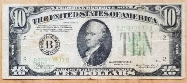 1934A $10 Dollar Federal Reserve Note Green Seal "B" New York, New York Bill