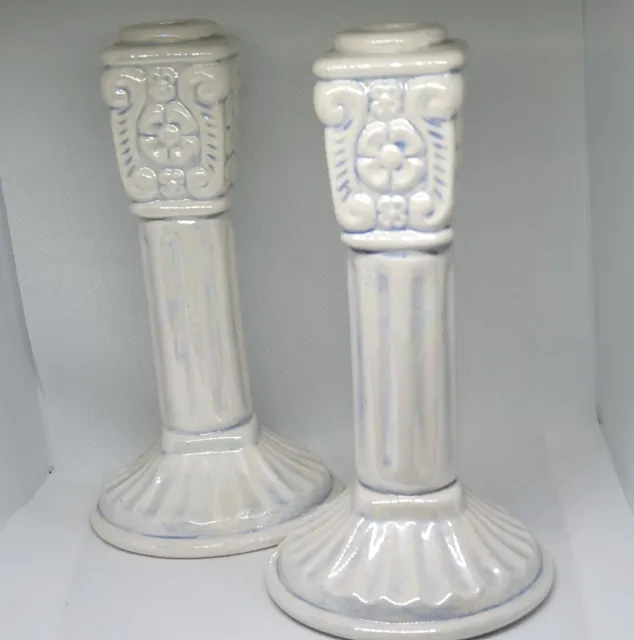 2 x Vintage Blue White Ceramic CANDLE HOLDERS OPALESCENT Glaze Sticks Pillar