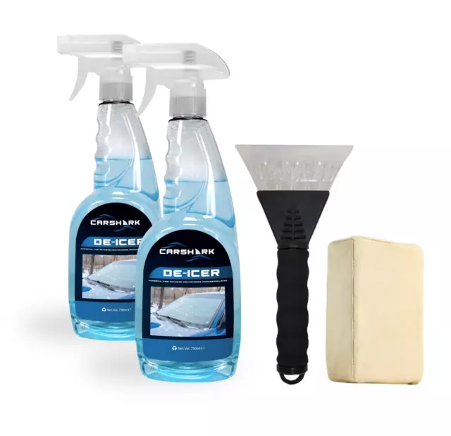 CARSHARK Winter Car Kit Deicer 2 x 750 ml, Ice Scraper x 1, Demister Pad x 1