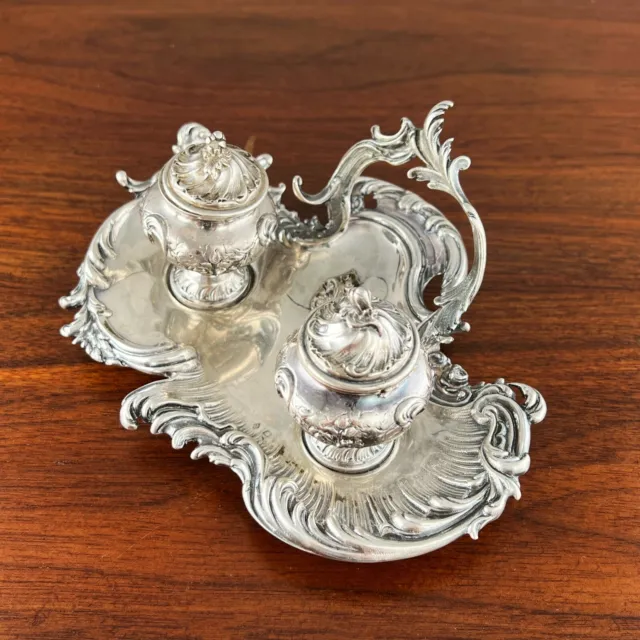 Jules Monney French Rococo 950 Sterling Silver Dual Inkwells On Footed Standish