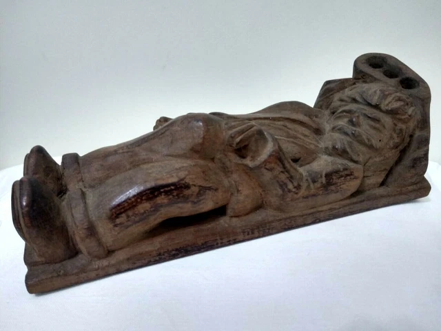 ANTIQUE WALNUT WOOD HAND CARVED OLD MAN SLEEPING FOLK ART SCULPTURE 1940's