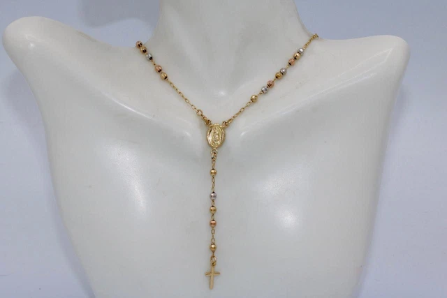 14K Tri-Gold Diamond-Cut Bead Chain Rosary Cross Virgin Mary Prayer Necklace 14K Tri-Gold Diamond-Cut Bead Chain Rosary Cross Virgin Mary Prayer Necklace