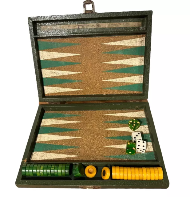 Vintage Mini Antique Art Deco Backgammon Bakelite Green Swirl Set 1930s Catalin