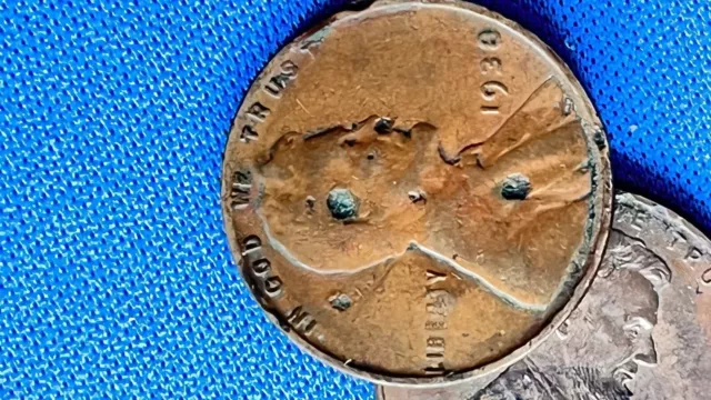 1938  wheat penny Error  Corroded Appeals. Lincoln