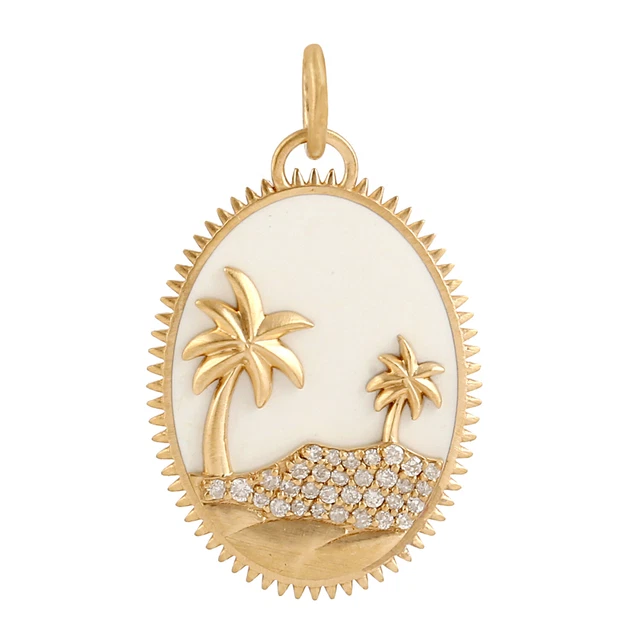 18k Yellow Gold Coconut Tree Diamond Charm Pendent Enamel Palm Tree Necklace