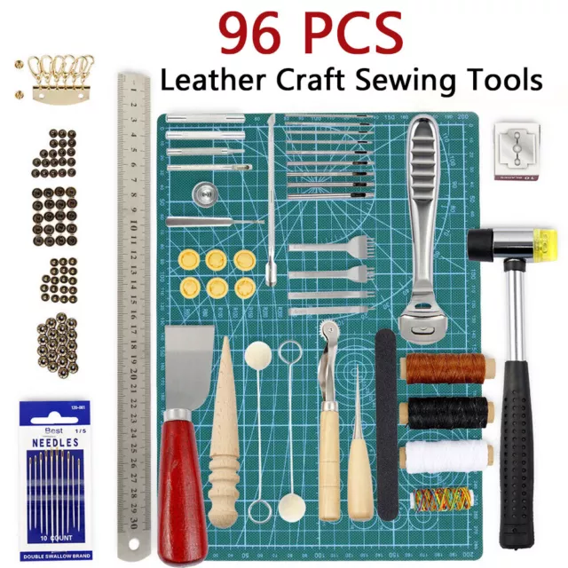 96 Pcs DIY Leather Craft Sewing Tools Kit Hand Stitching Punch Carving Work AU