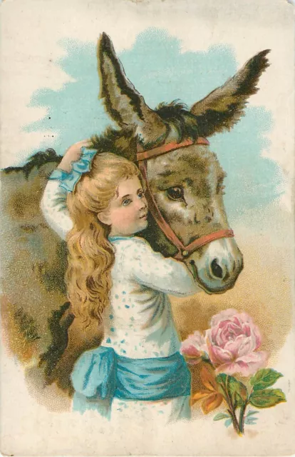 1880's Victorian Trade Card Girl & Donkey Lion Coffee Woolson Spice Toledo OH