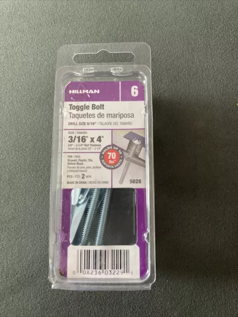 Hillman #5028. 3/16”X 4"  Toggle Bolt 2/Pk