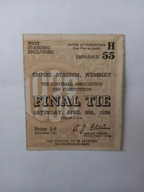 1938 FA Cup Final Preston North End v Huddersfield Town Ticket.