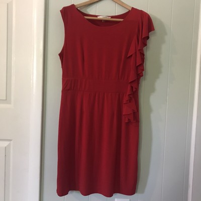 AA Studio AA Women's Asymmetrical Pencil Dress / Size 14 / Red Ruffled Shoulder