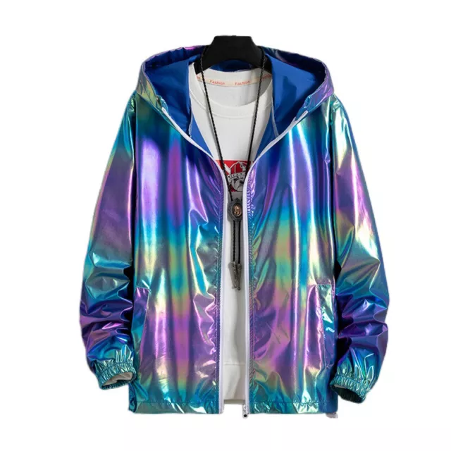 Women Men Hooded Coat Iridescent Shiny Holographic Jacket Top Fashion Hip Hop
