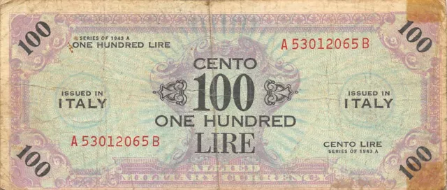 Italy 100 Lire  Series of 1943 A  Block  A B WWII Issue  Circulated Banknote WM2