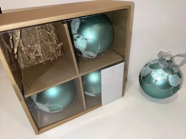 34th & Pine Large Aqua Blue Silver Glittery Glass Christmas Ornaments 4” Set 4