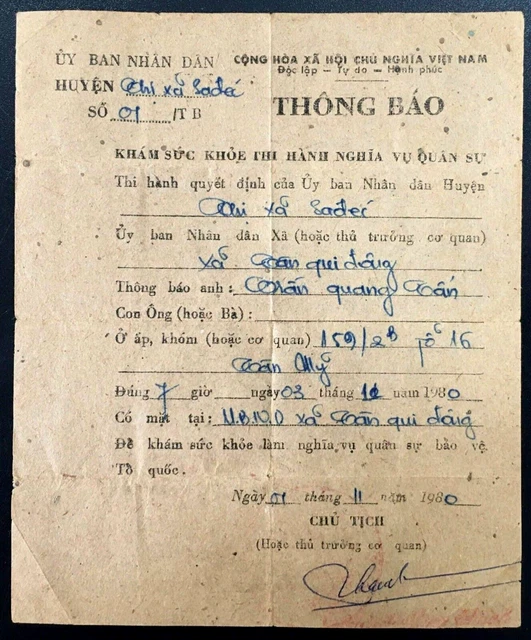 [52325] Vietnam Pre-Military Health Certificate 1980 carpentry