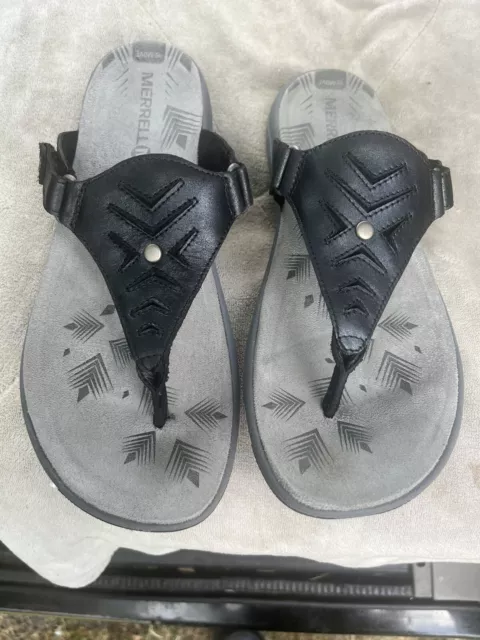 Merrell Sandals Womens Size 9 Black Leather Senise Slip on Thong Flip Flops EUC.