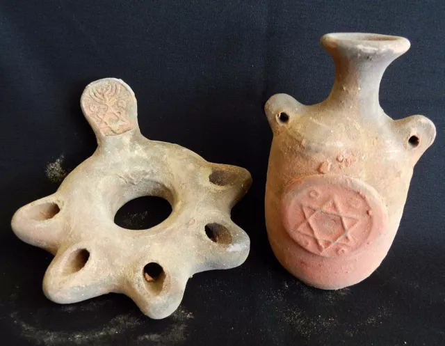 Set Ancient HolyLand Roman Jug Pitcher Oil Lamp Terracotta Pottery Clay Menorah