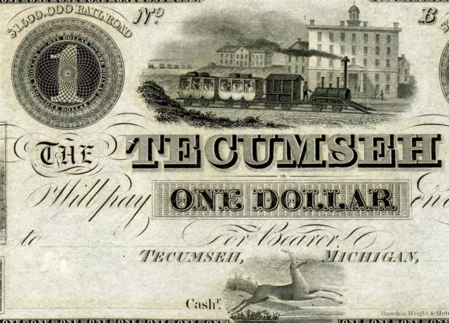 HGR SUNDAY 1830's $1 TECUMSEH Michigan (GORGEOUS) Appears CHOICE UNCIRCULATED