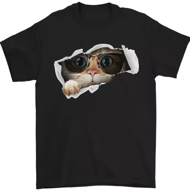 Un Divertente Gatto Sguardo Da Un Strappato Top Uomo T-Shirt 100% Cotone