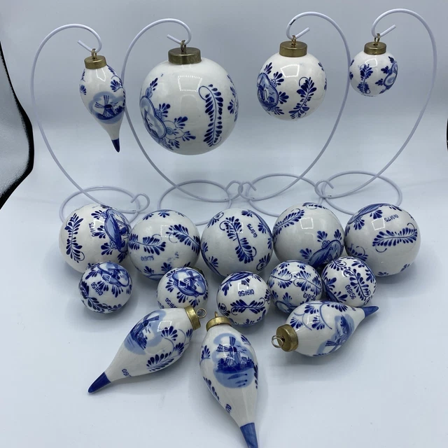 Delft Christmas Ornaments Baubles Set Of 17 Blue White Ceramic Hand Painted vtg