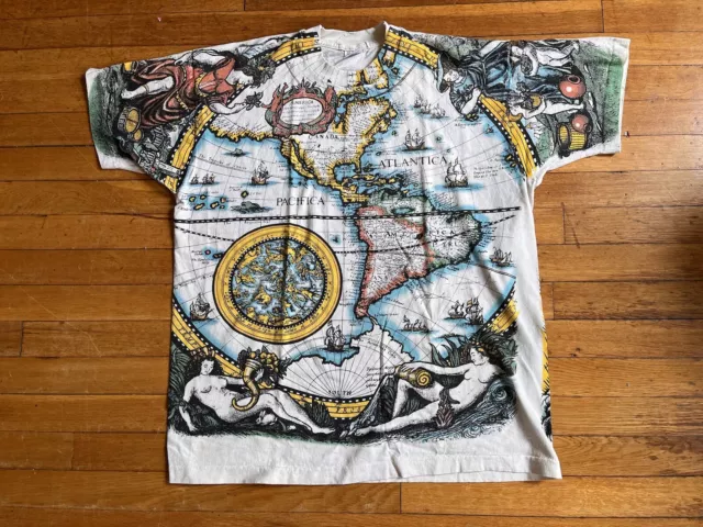 VINTAGE Liquid Blue World Map Shirt Men’s Extra Large All Over Print 1992