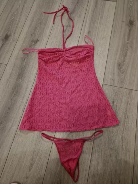BNWT Vintage La Senza Pink Lace Diva Doll Babydoll/Thong Set Size 12