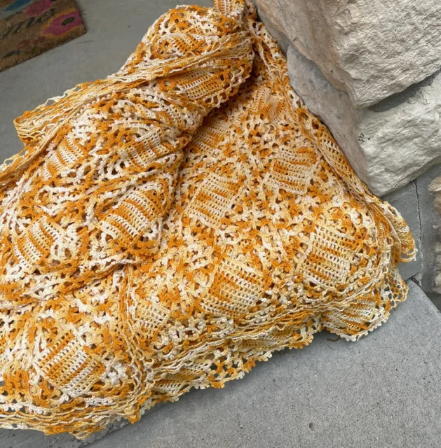 Vintage Hand Crochet Tablecloth Orange Cream Tangerine Bed cover cotton 92”x82"