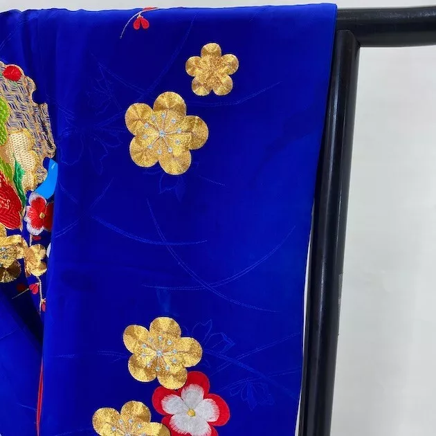 Furisode Color Uchikake VINTAGE Japanese Kimono Silk blue classic 1641 17