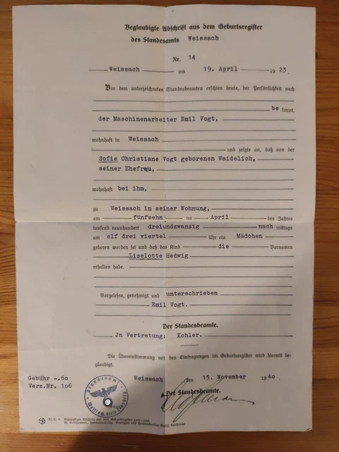 Beglaubigte Abschrift Aus Dem Geburtenregister Für Eheschließung BEGLAUBIGTE ABSCHRIFT AUS dem Geburtsregister 1942 (Weissach) EUR 3,50
