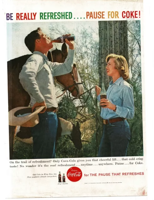 1959 Coca Cola Coke riding horses in the desert Saguaro cactus Vintage Print Ad