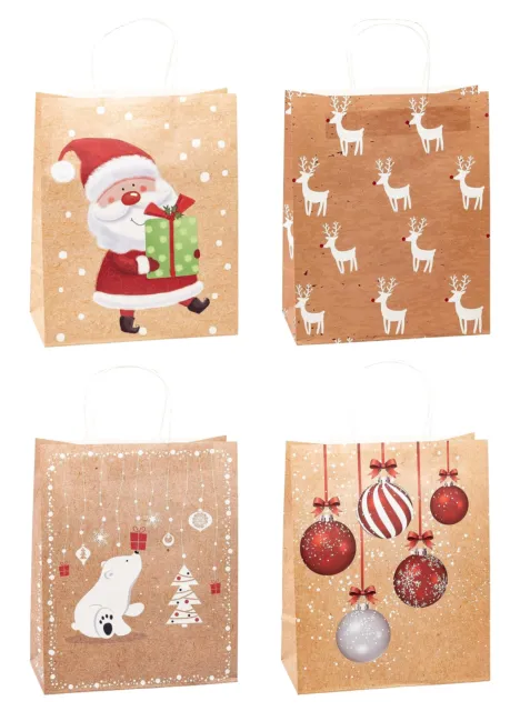 TSI Christmas Kraft Paper Gift Bags Pack of 12 Large (H x W x D) 32 x 26 x 12 cm