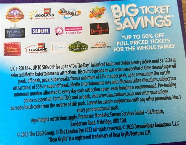 Merlin Attractions Cadbury Big Ticket Savings (Up To 50% Off for 4) Exp 31/12/24