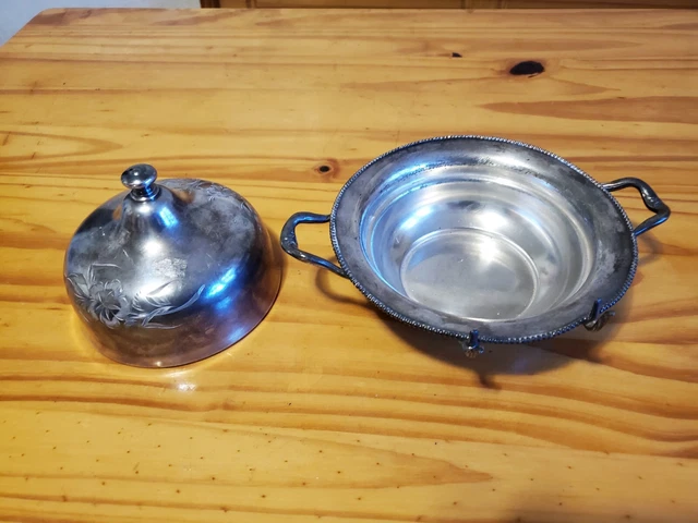 Antique taunton silver Plate Covered Butter Dish Engraved Quadruple vintage