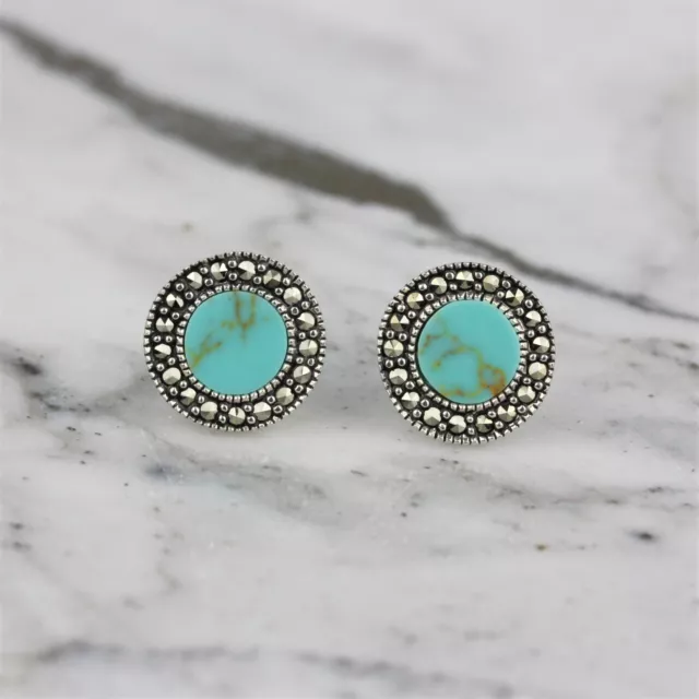 Genuine Sterling Silver 925 Marcasite Turquoise 10mm Round Halo Stud Earrings