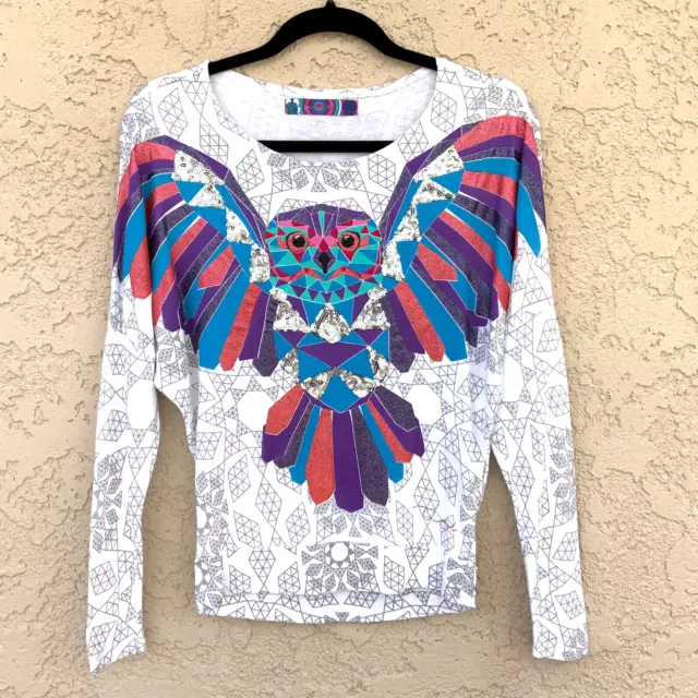 Desigual Kids Girls Size 12 Relaxed Fit Sequin Owl Printed Reglan Sleeve T-Shirt