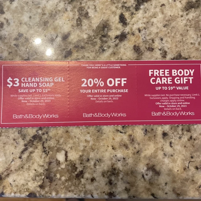 NEW Bath And Body Works Coupons 20% Off/ Body Care Gift & Hand Soap Oct 29 2023
