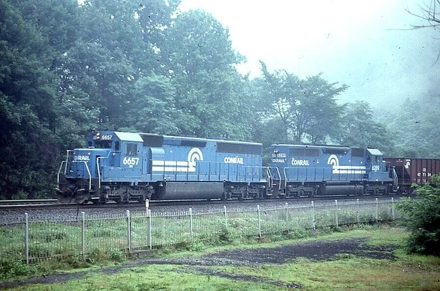 Conrail # 6657, SD45-2 diesel  locomotive (foggy morning) Orig 35mm color slide