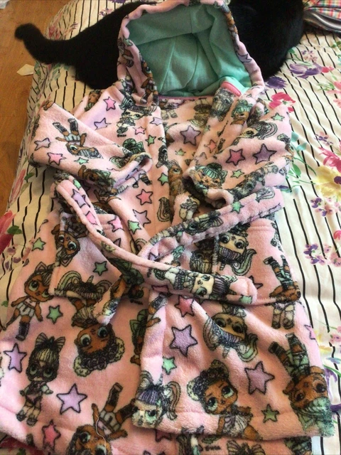Girls pink fleece lol dolls hooded dressing gown, age 4-5 years