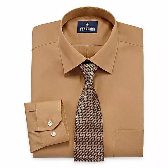 Stafford Men's Boy Travel Easy-Care Golden Brown Long Sleeve Dress Shirt Tie Set