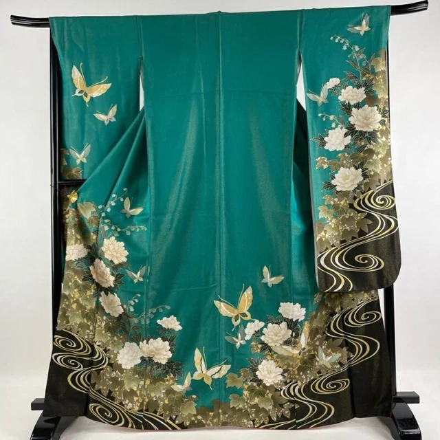Woman Japanese Kimono Furisode Silk Peony Running Water Gold Thread Foil Green