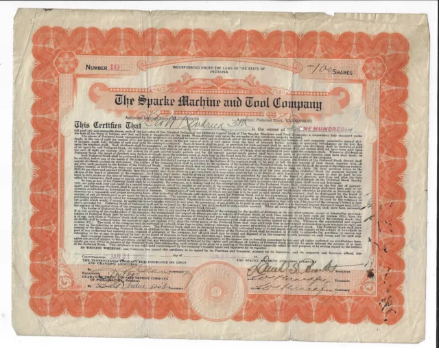 INDIANA 1920 The Spacke Machine & Tool Company Stock Certificate Brooks Automobi