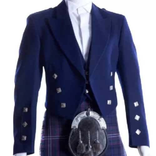 Prince Charlie Kilt Jacket & Waistcoat Scottish Blue Wool Wedding Jacket For Men