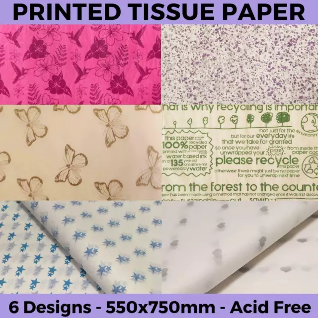 Printed Tissue Paper Acid Free Sheets - 8 Designs Coloured Gift Wrapping Pattern