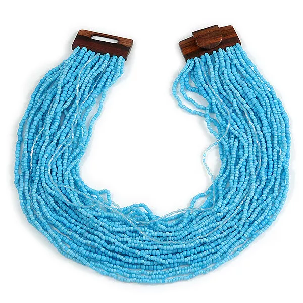 Statement Multistrand Light Blue Glass Bead Necklace with Wood Closure - 60cm