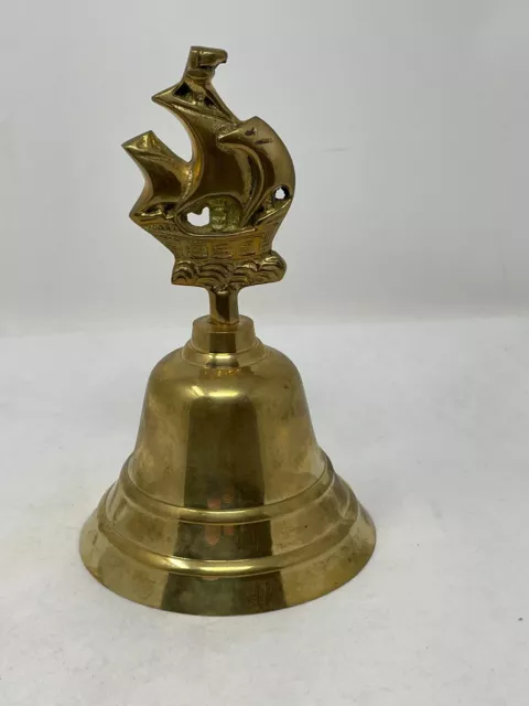 Vintage Solid Brass Dinner Bell W/Sailboat Galleon Ship Handle 7.25" Nautical